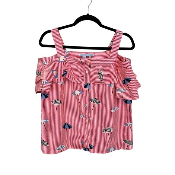 Draper James Top S Summer Umbrella Cotton Stripes Beach Ruffle Cold Shoulder Red - Picture 1 of 7